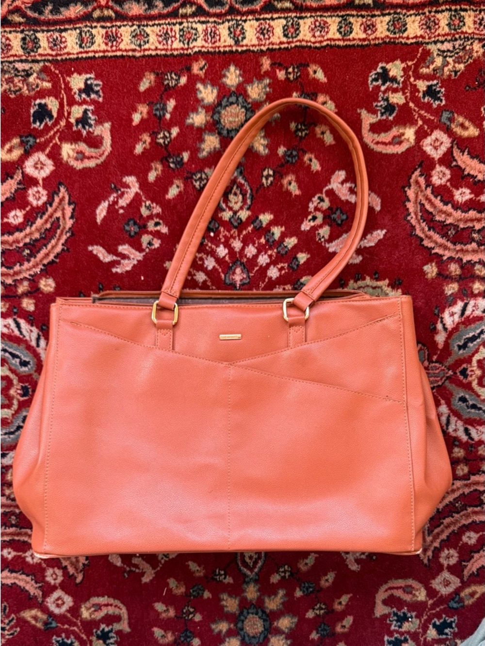 amber brown faux leather tote bag